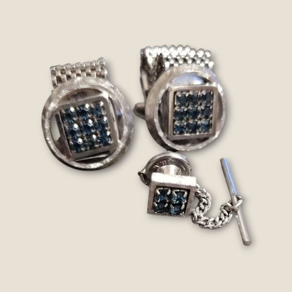 Vintage Silver Cuff Links & Tie Tack Set With Blue Rhinestones - Picture 2 of 6